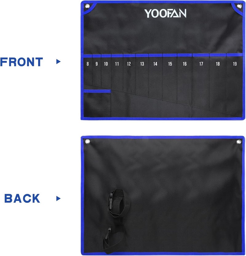 YOOFAN Wrench Roll Up Pouch – Wrench Organizer with 12+1 Pockets, Wrench Bag with Handle, Wrench Holder for Hanging, Blue – Metric - Image 5